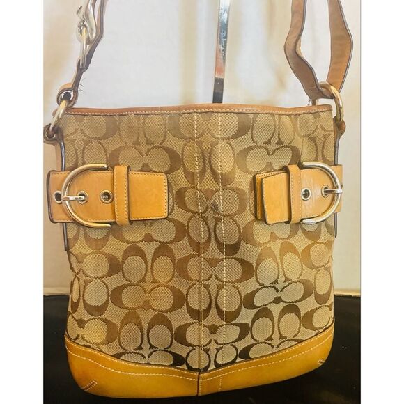 Vintage Coach Signature Print Monogram & Leather Shoulder Bag #3578 GUC Tan - Picture 2 of 13